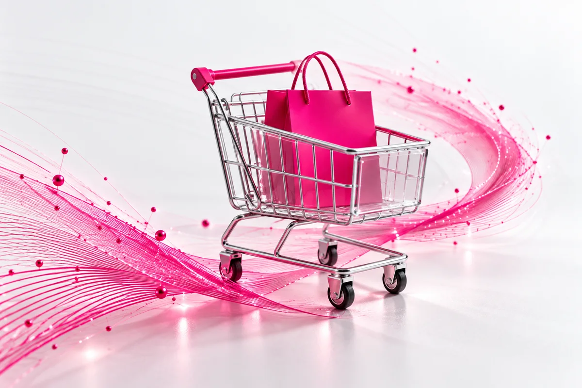 Carrinho de compras com uma sacola magenta, conectado aos fios da campanha.